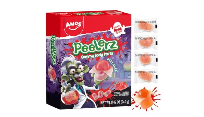 AMOS Peelerz Gummy Body Parts, Approx 48 Pieces Peelable Halloween Gummies,Raspberry and Strawberry Flavored Candy, Spooky Brain, Ear and Finger Shapes, Party and Trick-or-Treat Treats thumbnail 1