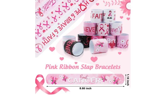 Pink Ribbon Breast Cancer Awareness Accessories 36PCS Slap Bracelets Women thumbnail 2