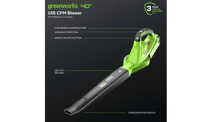 Greenworks 40V Cordless Leaf Blower, 135 CFM, 2.0 Ah Battery and Charger thumbnail 2