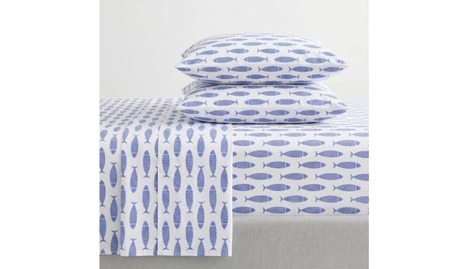 Nautica | Percale Collection Sheet Set-100% Cotton, Crisp & Cool, Lightweight & Moisture-Wicking Bedding, Full, Woodblock Fish thumbnail 1