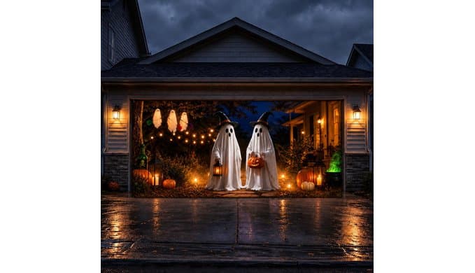 7 x 16 ft Halloween Garage Door Decorations Halloween decorations Cute Ghost Door Cover, Hanging Banner, Cauldron Backdrop Mural for Home, Outdoor, Indoor, Spooky Party, Wall, Window thumbnail 2