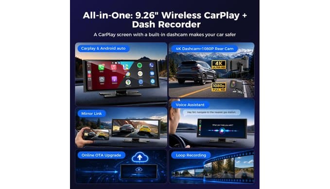 9.26" Wireless CarPlay Screen with 4K+1080P Dual Dash Cam Front and Rear thumbnail 2