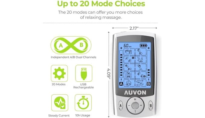 AUVON Dual Channel TENS Unit Muscle Stimulator Machine with 20 Modes, 2" and 2"x4" TENS Unit Electrode Pads thumbnail 4