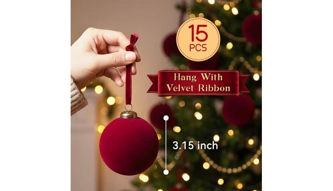 15 Pcs Red Velvet Christmas Ball Ornaments,3.15 Christmas Hanging Ornaments thumbnail 2