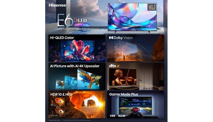 Hisense 65" Class E6SR Series Hi-QLED 4K UHD Smart Roku TV (65E6SR, 2026 Model) - Dolby Vision, Game Mode Plus, VRR, ALLM, DTS Virtual:X, Apple AirPlay, Compatible with Alexa and Google Assistant thumbnail 4