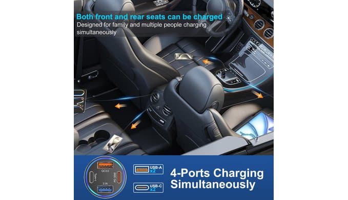 65W USB C Car Charger, 4-Port Cigarette Lighter Adapter PD30W Fast Charging thumbnail 2