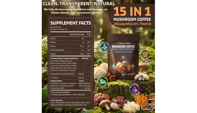 15-in-1 Mushroom Coffee with 10B Probiotics and Ashwagandha for Gut Health thumbnail 2