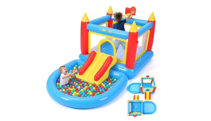 AKEYDIY 6-in-1 Inflatable Bounce House with Overhead Sprinkler & Slide - Detachable Ball Pit, Extra PVC Wet & Dry Water Park Kids 3-6 with Electric Pump, 30 Ocean Balls, Basketball Hoop & Game Mat