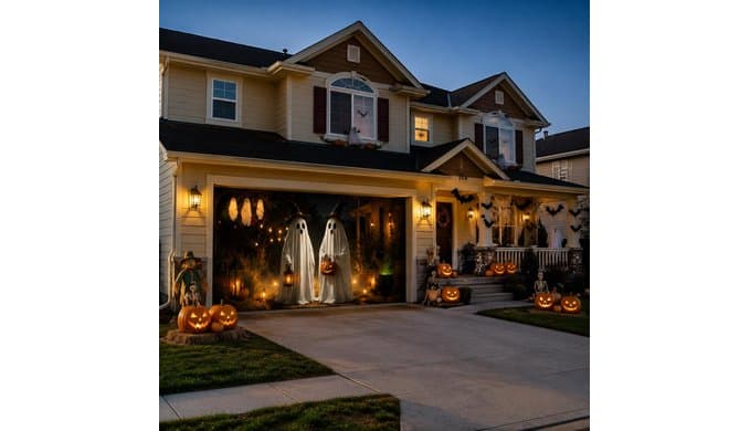 7 x 16 ft Halloween Garage Door Decorations Halloween decorations Cute Ghost Door Cover, Hanging Banner, Cauldron Backdrop Mural for Home, Outdoor, Indoor, Spooky Party, Wall, Window thumbnail 5