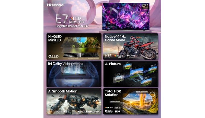 Hisense 100" E7 Cinema Series Hi-QLED Mini-LED 4K UHD Smart Fire TV (100E7SF, 2026 NEW) - Native 144Hz, AI Picture, Dolby Vision IQ · Atmos, FALD, HDR10+ Adaptive, MEMC, Alexa+ thumbnail 4