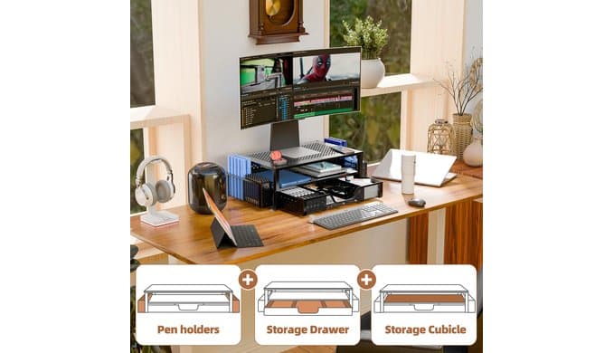Simple Trending Monitor Stand with Drawer, 2-Tier Laptop Stand, Black thumbnail 4