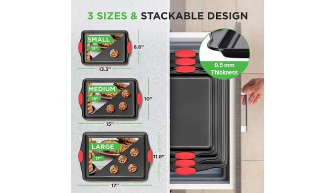 NutriChef 3‑Piece Nonstick Cookie Sheets – Carbon Steel Baking Sheet Set with Non Stick Coating & Red Silicone Handles – Oven Pans for Family Baking thumbnail 2