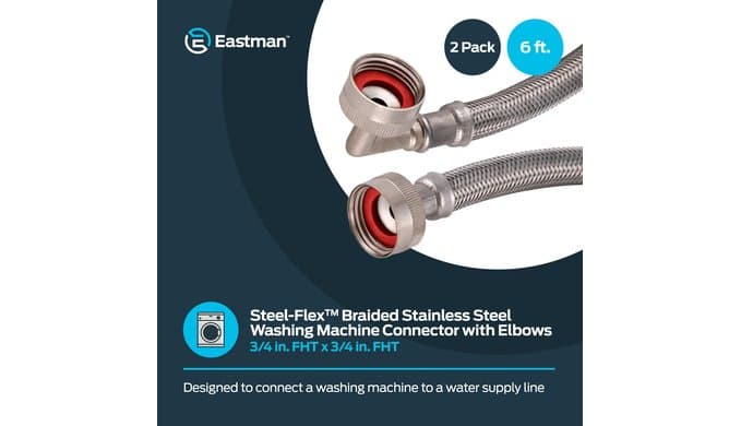 Eastman 6 ft Washing Machine Hose Connectors with Elbows, Pack of 2, 3/4 in FHT x 3/4 in FHT, Braided Stainless Steel, 41066 thumbnail 2