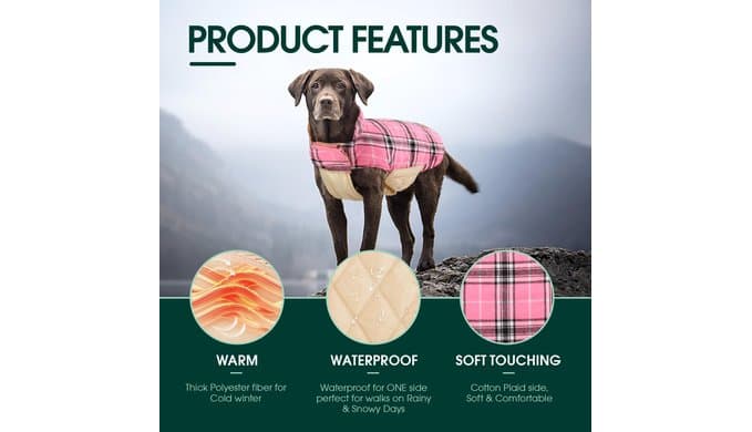 Kuoser Waterproof Dog Coat, Warm Reversible Dog Jacket with Leash Hole thumbnail 3
