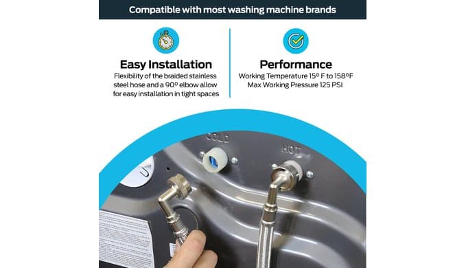 Eastman 6 ft Washing Machine Hose Connectors with Elbows, Pack of 2, 3/4 in FHT x 3/4 in FHT, Braided Stainless Steel, 41066 thumbnail 3