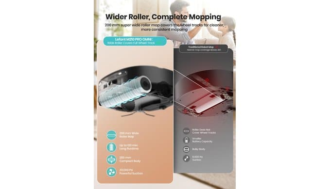 Lefant Robot Vacuum and Mop, 20000Pa Strong Suction, Self-Cleaning Roller Mop with Auto Drying, LiDAR Navigation & Obstacle Avoidance, Tangle-Free Pet Hair, Slim, 800ml Dustbin, 5G WiFi, M210 Pro OMNI thumbnail 4