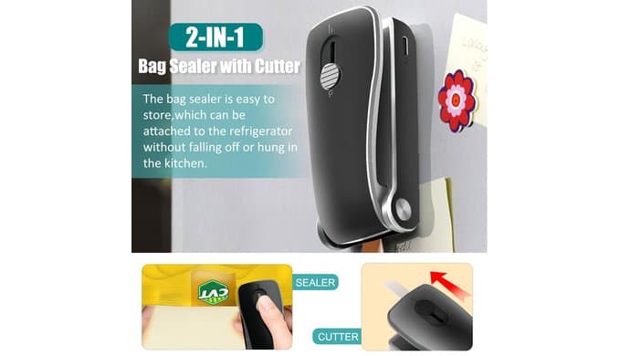 Mini Bag Sealer 2 in 1, Rechargeable Chip Bag Sealer Heat Seal with Cutter thumbnail 3