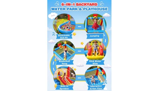 AKEYDIY 6-in-1 Inflatable Bounce House with Overhead Sprinkler & Slide - Detachable Ball Pit, Extra PVC Wet & Dry Water Park Kids 3-6 with Electric Pump, 30 Ocean Balls, Basketball Hoop & Game Mat thumbnail 4