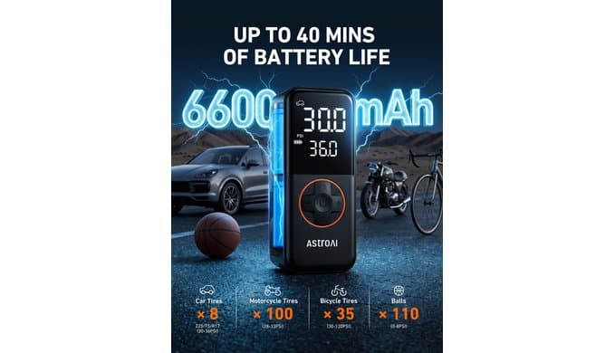 AstroAI L4 Cordless Tire Inflator Portable Air Compressor, 150PSI Portable Air Pump for Car Tires, Battery Electric Tire Pump with Pressure Gauge, Ultra-Fast Inflation for Cars,Motorcycles,Bikes,Balls thumbnail 3