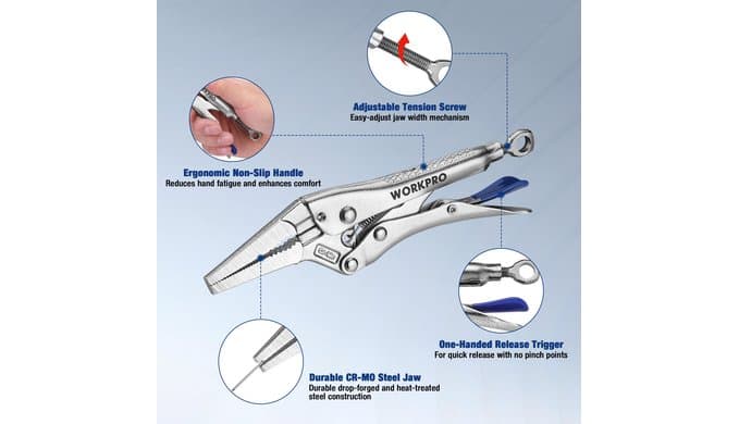 WORKPRO 6.5" Long Nose Locking Pliers, CR-MO Steel Construction with Perforated Screw, Multipurpose Clamping Tool for Automotive, Welding, and Home DIY thumbnail 4