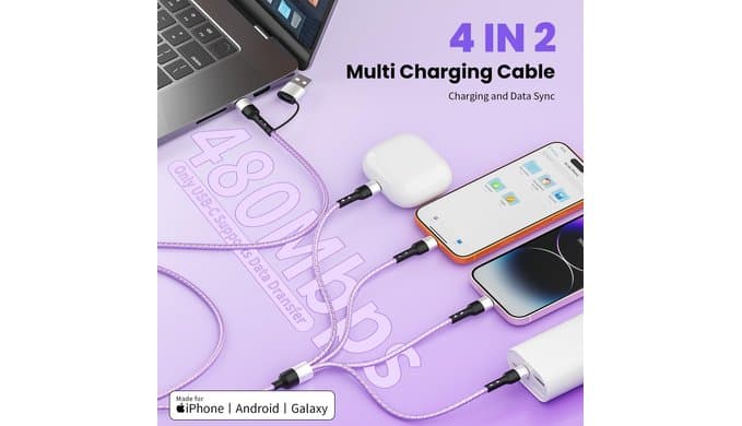 Dual Type-C 4 in 2 Multi Charging Cable, USB A/C to Dual USB C/IP/Micro USB thumbnail 2