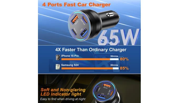 65W USB C Car Charger, 4-Port Cigarette Lighter Adapter PD30W Fast Charging thumbnail 3