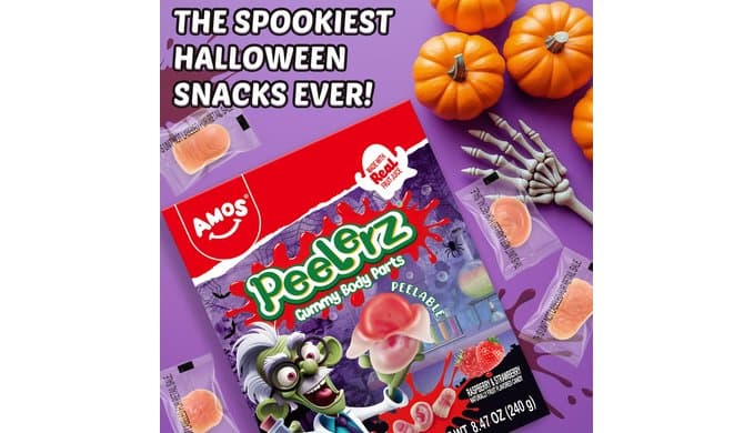 AMOS Peelerz Gummy Body Parts, Approx 48 Pieces Peelable Halloween Gummies,Raspberry and Strawberry Flavored Candy, Spooky Brain, Ear and Finger Shapes, Party and Trick-or-Treat Treats thumbnail 5