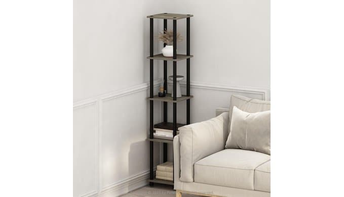 FURINNO Turn-N-Tube 5-Tier Corner Square Rack Display Shelf, Round, French Oak Grey/Black thumbnail 2