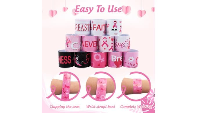 Pink Ribbon Breast Cancer Awareness Accessories 36PCS Slap Bracelets Women thumbnail 3