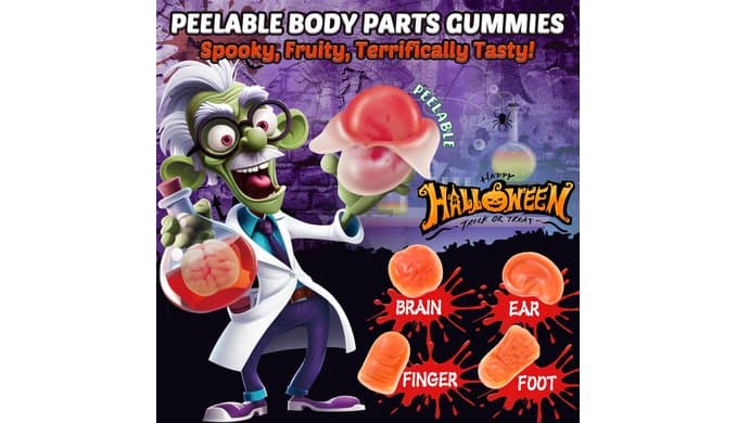 AMOS Peelerz Gummy Body Parts, Approx 48 Pieces Peelable Halloween Gummies,Raspberry and Strawberry Flavored Candy, Spooky Brain, Ear and Finger Shapes, Party and Trick-or-Treat Treats thumbnail 3