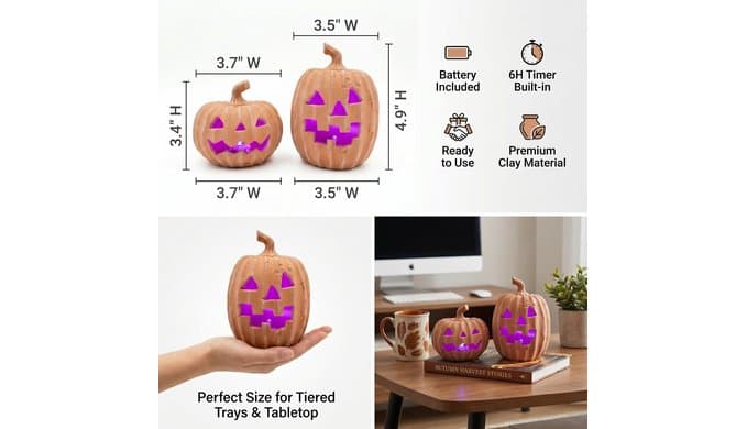 Terracotta Jack-o’-Lantern Pumpkins, LED Halloween Pumpkin Decor thumbnail 2