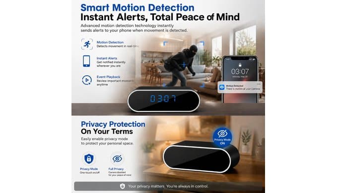 4K WiFi Hidden Camera Clock, Wireless Indoor Security Spy Cameras for Home and Office, Mini Video Indoor Camera with Motion Detection, Night Vision and Remote Viewing Nanny Cam thumbnail 5
