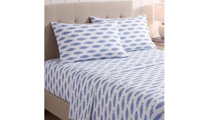 Nautica | Percale Collection Sheet Set-100% Cotton, Crisp & Cool, Lightweight & Moisture-Wicking Bedding, Full, Woodblock Fish thumbnail 4