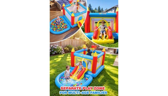 AKEYDIY 6-in-1 Inflatable Bounce House with Overhead Sprinkler & Slide - Detachable Ball Pit, Extra PVC Wet & Dry Water Park Kids 3-6 with Electric Pump, 30 Ocean Balls, Basketball Hoop & Game Mat thumbnail 3