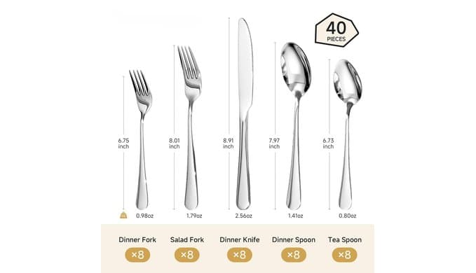 Silverware Set for 8, 40 Piece Heavy Duty 18/10 Stainless Steel Flatware Set, Mirror Polished Cutlery Utensils with Knives Forks & Spoons, Dishwasher Safe - HIKAA thumbnail 3