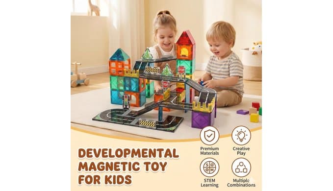 Magnetic Tiles Road Set, 89 PCS Magnetic Building Blocks with Roads thumbnail 3