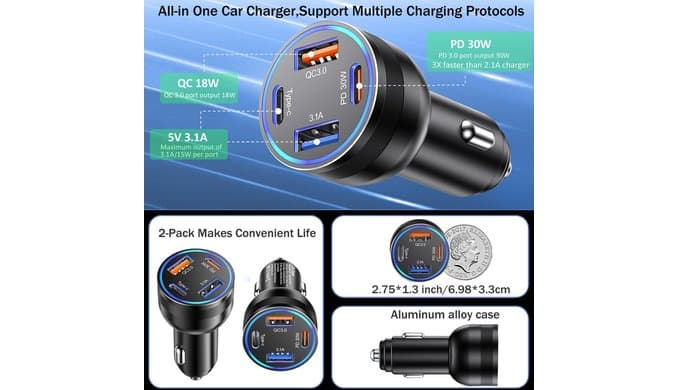 65W USB C Car Charger, 4-Port Cigarette Lighter Adapter PD30W Fast Charging thumbnail 5