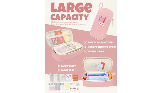 SUNEE Cute Pencil Case, Aesthetic Pen Pouch, Colored Large Pencil Bag with Zipper, Kawaii Stationery Storage and Organizer, School Supplies for Teen and Adult Girls, Pink thumbnail 4
