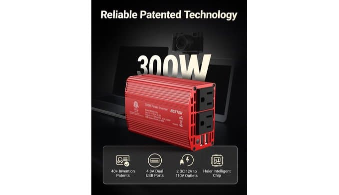 BESTEK Power Inverter DC 12-17V to AC 110V - 300W Car Plug Adapter Outlet thumbnail 2