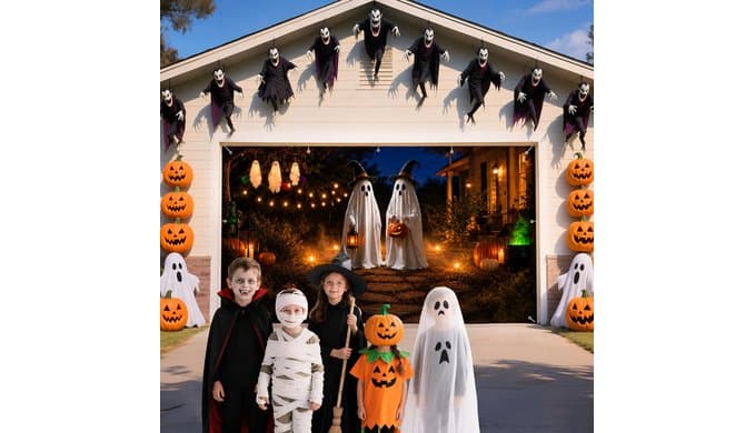 7 x 16 ft Halloween Garage Door Decorations Halloween decorations Cute Ghost Door Cover, Hanging Banner, Cauldron Backdrop Mural for Home, Outdoor, Indoor, Spooky Party, Wall, Window thumbnail 4