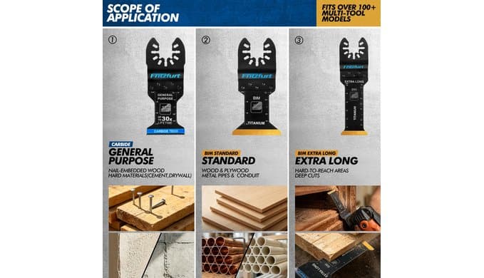 3PCS Oscillating Multi-Tool Blade Kit - Extra Long Plunge Blade, Standard Blade & Carbide General Purpose Blade for Deep Cuts, Flush Trim & Nail-Embedded Wood, Fits Dewalt Milwaukee Ryobi thumbnail 3