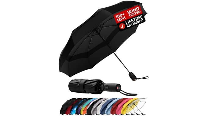 Windproof Travel Umbrella - Compact & Withstands Winds up to 100MPH, Strongest Premium Auto Folding Umbrella for Rain and Sun - Durable, Light & Portable for Women & Men, Fits Backpack & Cars thumbnail 1