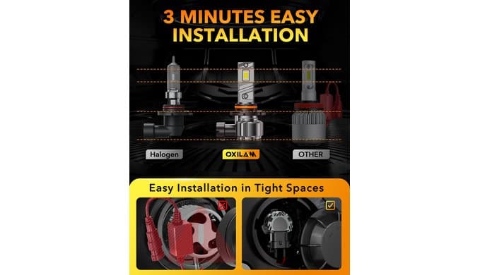 OXILAM 9005/HB3 LED Light Bulb, 12X Brighter 6500K Cool White, Anti-Flicker, 60,000Hrs Lifespan, Plug and Play, IP68, 9005 LED Light Compatible with Cars Trucks SUVs, Pack of 2 thumbnail 4