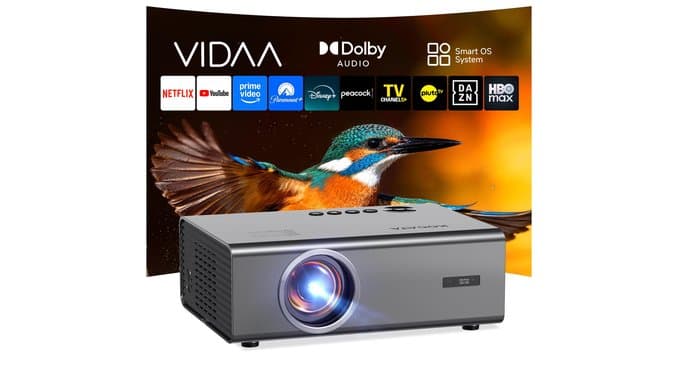 Smart Projector-4K with Wifi Bluetooth, AI Auto Focus Keystone Outdoor Home Theater VIDAA Movie Projector Built-in Apps, 60W Dolby, Airplay, Voice Control, Live TV, Ceiling, Gaming, Camping thumbnail 1