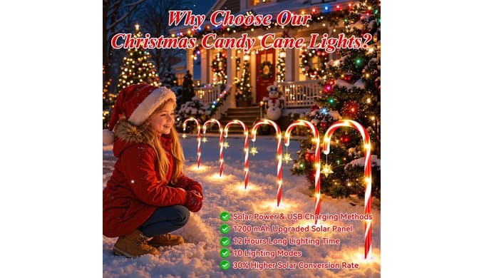 12 Pack Solar Candy Cane Lights Outdoor, Christmas Pathway Lights Decor thumbnail 3