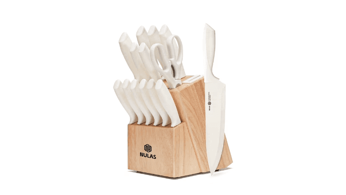 NULAS Knife Set, 14-Piece with Built-in Sharpener, Non-Stick Coated High Carbon Stainless Steel Knife Block Set, Dishwasher Safe, Cream