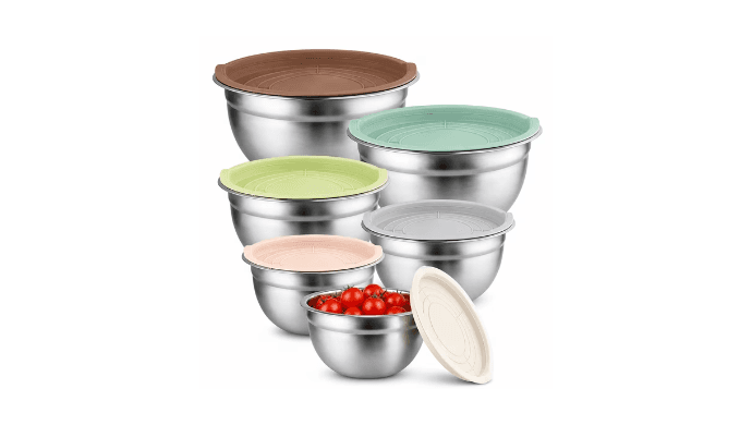 NULAS 6-Piece Stainless Steel Mixing Bowl Set with Lids, Nesting Metal Bowls for Kitchen – 4.5/3.5/2.5/2/1.5/1 qt, Great for Prep, Baking & Serving, Multicolor