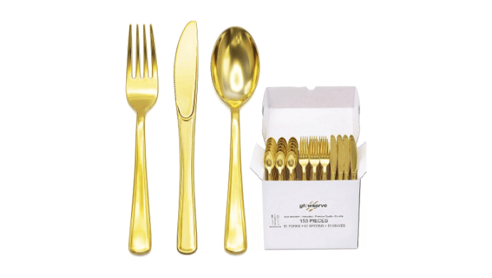 Glowserve 153 Pack Gold Disposable Plastic Silverware Set Cutlery Set