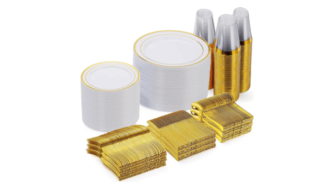 600 Pieces Gold Disposable Plastic Plates for 100 Guests
